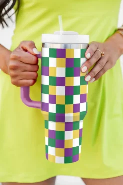 Clearance Dear-Lover Checkered Print Handle Large Vacuum Cup 40OZ Tillandsia Purple