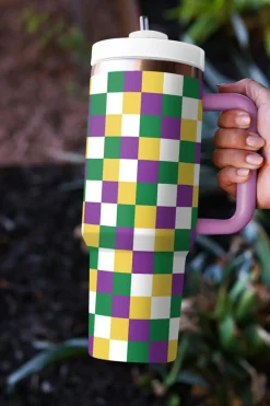 Clearance Dear-Lover Checkered Print Handle Large Vacuum Cup 40OZ Tillandsia Purple