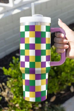 Clearance Dear-Lover Checkered Print Handle Large Vacuum Cup 40OZ Tillandsia Purple