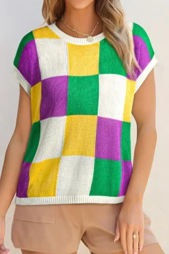 New Dear-Lover Color Block Cap Sleeve Sweater Tillandsia Purple