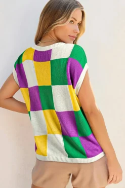 New Dear-Lover Color Block Cap Sleeve Sweater Tillandsia Purple
