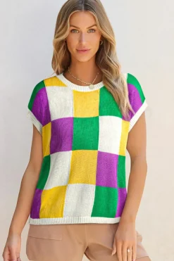New Dear-Lover Color Block Cap Sleeve Sweater Tillandsia Purple