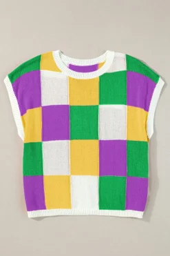New Dear-Lover Color Block Cap Sleeve Sweater Tillandsia Purple