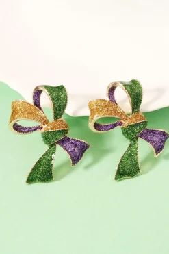 Online Dear-Lover 3D Mardi Gras Bow Dazzling Earrings Tillandsia Purple