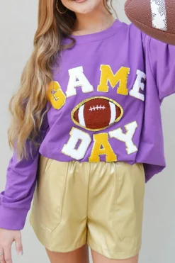 Best Dear-Lover GAME DAY Rugby Chenille Embroidered Pullover Sweatshirt Tillandsia Purple