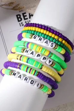 New Dear-Lover Happy Mardi Gras Beaded Layered Bracelet Set Tillandsia Purple