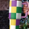 New Dear-Lover Mardi Gras Checkered Print Handle Large Tumbler 40oz Tillandsia Purple