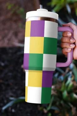 New Dear-Lover Mardi Gras Checkered Print Handle Large Tumbler 40oz Tillandsia Purple