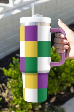 New Dear-Lover Mardi Gras Checkered Print Handle Large Tumbler 40oz Tillandsia Purple