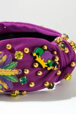 Sale Dear-Lover Mardi Gras Rhinestone Beaded Knotted Wide Headband Tillandsia Purple