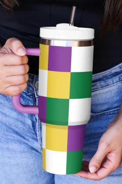 New Dear-Lover Mardi Gras Checkered Print Handle Large Tumbler 40oz Tillandsia Purple