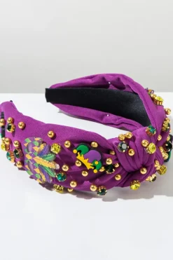 Sale Dear-Lover Mardi Gras Rhinestone Beaded Knotted Wide Headband Tillandsia Purple
