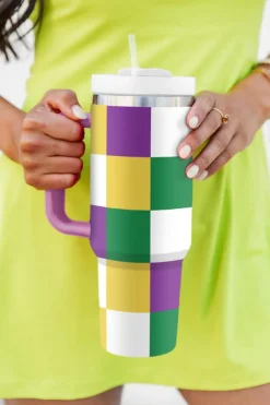 New Dear-Lover Mardi Gras Checkered Print Handle Large Tumbler 40oz Tillandsia Purple