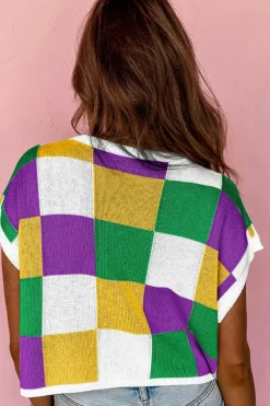 Online Dear-Lover Sequin Mardi Gras Fleur de Lis Color Block Sweater T Shirt Tillandsia Purple