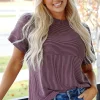 Fashion Dear-Lover Plain Corded Knit Mock Neck T Shirt Toadstool