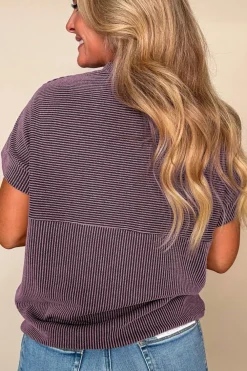 Fashion Dear-Lover Plain Corded Knit Mock Neck T Shirt Toadstool