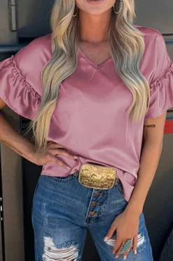 Best Dear-Lover Satin Ruffle Sleeve Top Toadstool