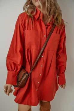 Hot Dear-Lover Bishop Sleeve Button Up Pleated Mini Shirt Dress Tomato Red