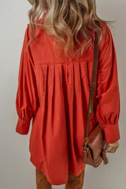 Hot Dear-Lover Bishop Sleeve Button Up Pleated Mini Shirt Dress Tomato Red