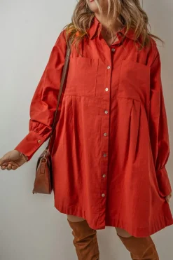 Hot Dear-Lover Bishop Sleeve Button Up Pleated Mini Shirt Dress Tomato Red
