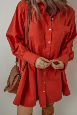 Hot Dear-Lover Bishop Sleeve Button Up Pleated Mini Shirt Dress Tomato Red
