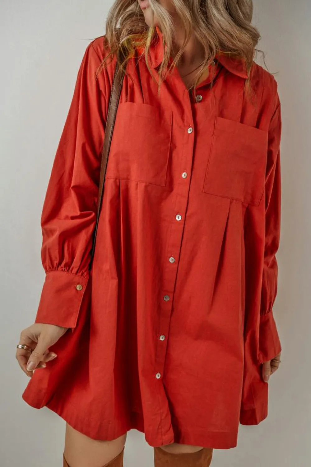 Hot Dear-Lover Bishop Sleeve Button Up Pleated Mini Shirt Dress Tomato Red