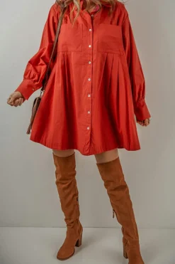 Hot Dear-Lover Bishop Sleeve Button Up Pleated Mini Shirt Dress Tomato Red