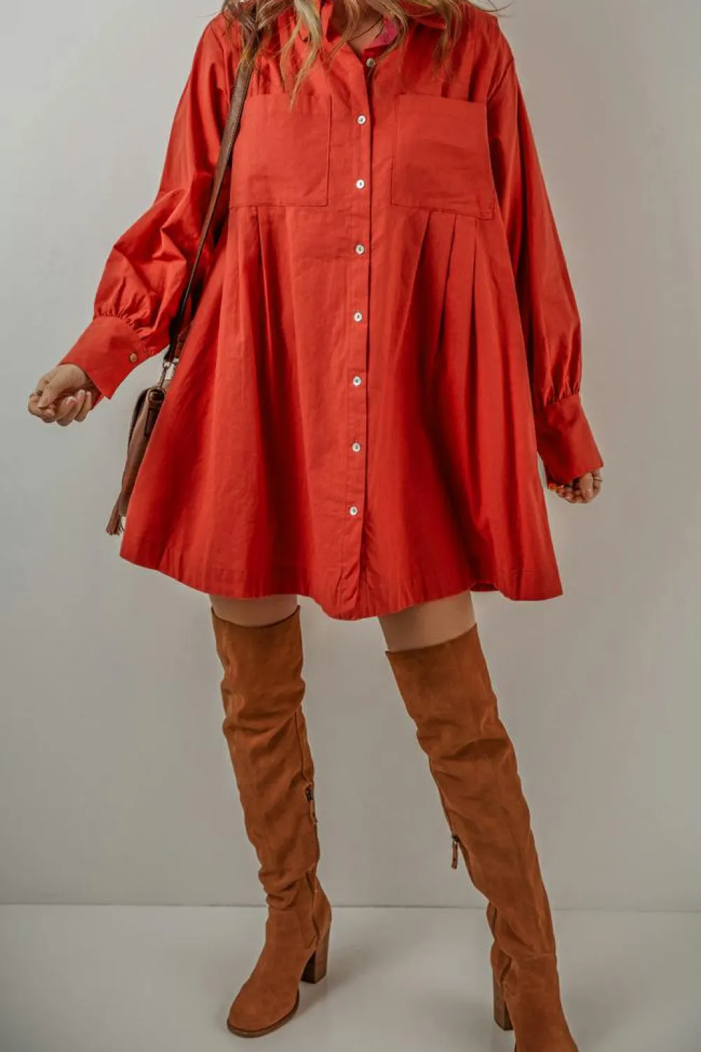 Hot Dear-Lover Bishop Sleeve Button Up Pleated Mini Shirt Dress Tomato Red
