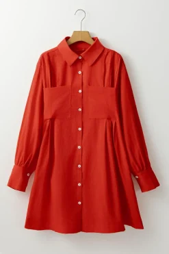 Hot Dear-Lover Bishop Sleeve Button Up Pleated Mini Shirt Dress Tomato Red