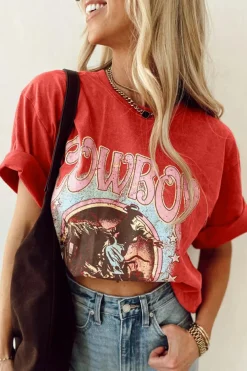 Outlet Dear-Lover COWBOY Take Me Away Graphic Western Loose Tee Tomato Red