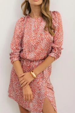 New Dear-Lover Leopard Print Long Sleeve Hollowed Back Split Mini Dress Tomato Red
