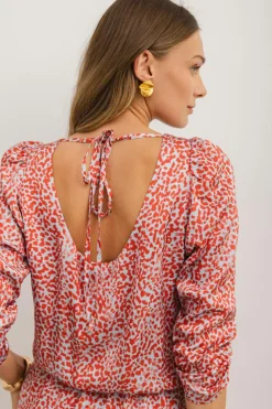 New Dear-Lover Leopard Print Long Sleeve Hollowed Back Split Mini Dress Tomato Red