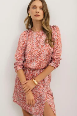 New Dear-Lover Leopard Print Long Sleeve Hollowed Back Split Mini Dress Tomato Red