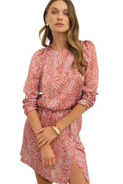 New Dear-Lover Leopard Print Long Sleeve Hollowed Back Split Mini Dress Tomato Red