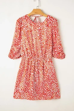 New Dear-Lover Leopard Print Long Sleeve Hollowed Back Split Mini Dress Tomato Red