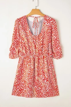 New Dear-Lover Leopard Print Long Sleeve Hollowed Back Split Mini Dress Tomato Red
