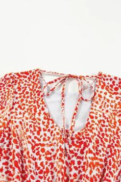 New Dear-Lover Leopard Print Long Sleeve Hollowed Back Split Mini Dress Tomato Red
