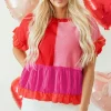 Hot Dear-Lover Mix Knitted Patchwork Ruffle Trim Loose Sweater Tomato Red