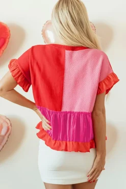 Hot Dear-Lover Mix Knitted Patchwork Ruffle Trim Loose Sweater Tomato Red
