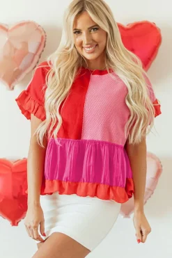 Hot Dear-Lover Mix Knitted Patchwork Ruffle Trim Loose Sweater Tomato Red