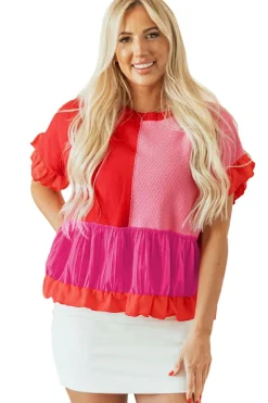 Hot Dear-Lover Mix Knitted Patchwork Ruffle Trim Loose Sweater Tomato Red
