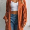Sale Dear-Lover Open Front Textured Knit Cardigan with Pockets Tomato Red