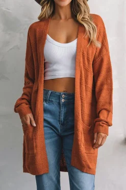 Sale Dear-Lover Open Front Textured Knit Cardigan with Pockets Tomato Red