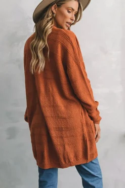 Sale Dear-Lover Open Front Textured Knit Cardigan with Pockets Tomato Red