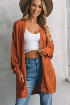 Sale Dear-Lover Open Front Textured Knit Cardigan with Pockets Tomato Red