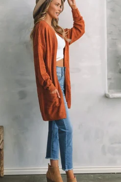 Sale Dear-Lover Open Front Textured Knit Cardigan with Pockets Tomato Red