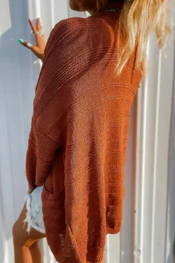 Sale Dear-Lover Open Front Textured Knit Cardigan with Pockets Tomato Red