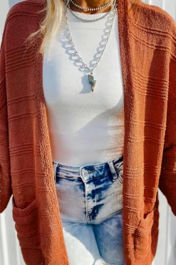 Sale Dear-Lover Open Front Textured Knit Cardigan with Pockets Tomato Red