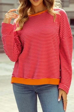Sale Dear-Lover Two Tone Striped Side Buttons Drop Shoulder Top Tomato Red