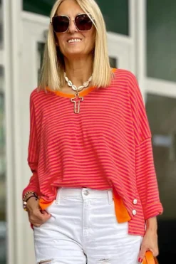 Sale Dear-Lover Two Tone Striped Side Buttons Drop Shoulder Top Tomato Red